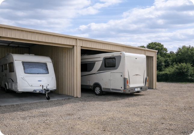 Caravan and motorhome parked in easy-access covered storage bays