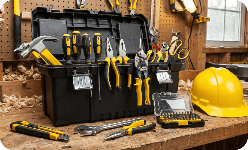 Toolbox, hand tools and work gear stored for business use near Mansfield storage sheds