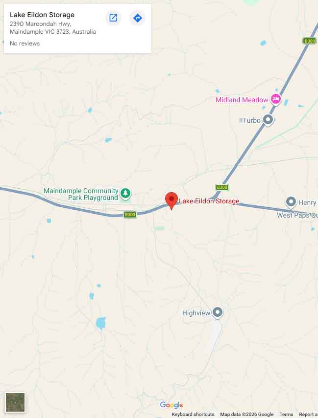 Google map showing Lake Eildon Storage on Maroondah Highway in Maindample, Victoria