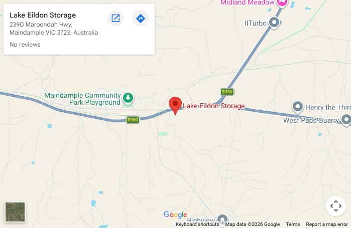 Google map showing Lake Eildon Storage on Maroondah Highway in Maindample, Victoria